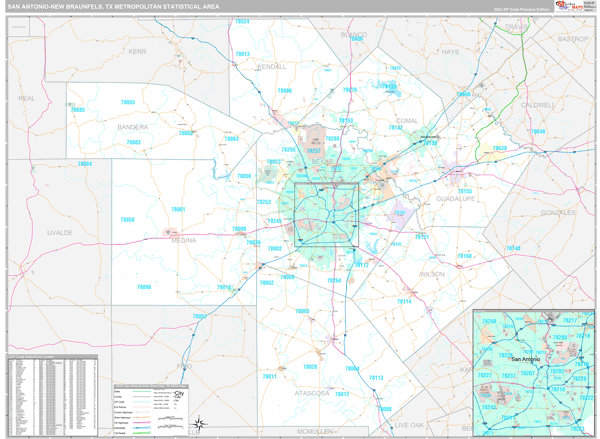 San Antonio-New Braunfels, TX Metro Area Wall Map